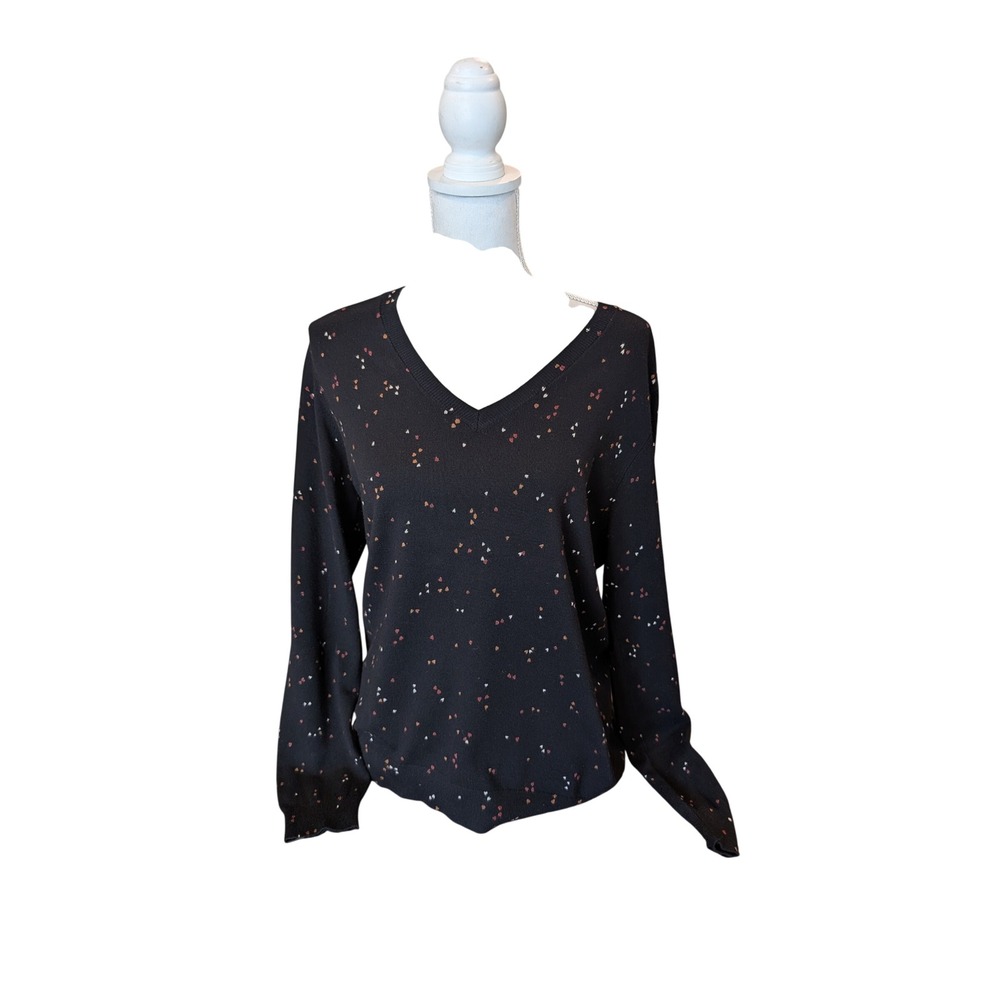 Daniel Rainn Sweater V-Neck Knit Womens Long Sleeve Heart Print Black Large